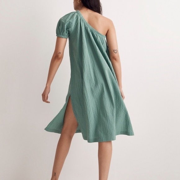 Madewell Seersucker One-Shoulder Puff-Sleeve Midi Dress - Trellis Green XXS - Picture 2 of 9